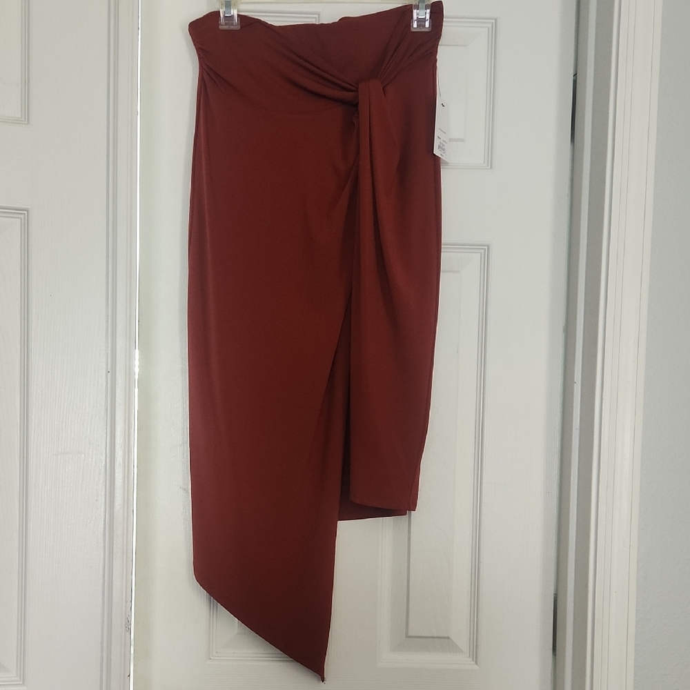 Nine West Asymmetrical Midi Wrap Skirt in Orange and Brown